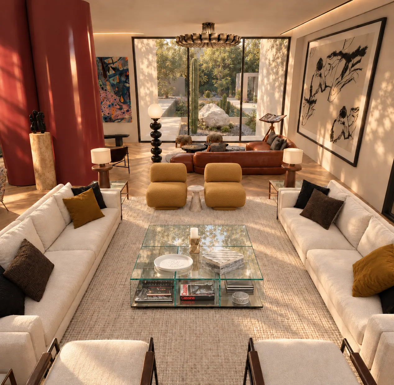 Symmetrical view of the living area with facing sofas, mustard chairs and the cactus garden beyond