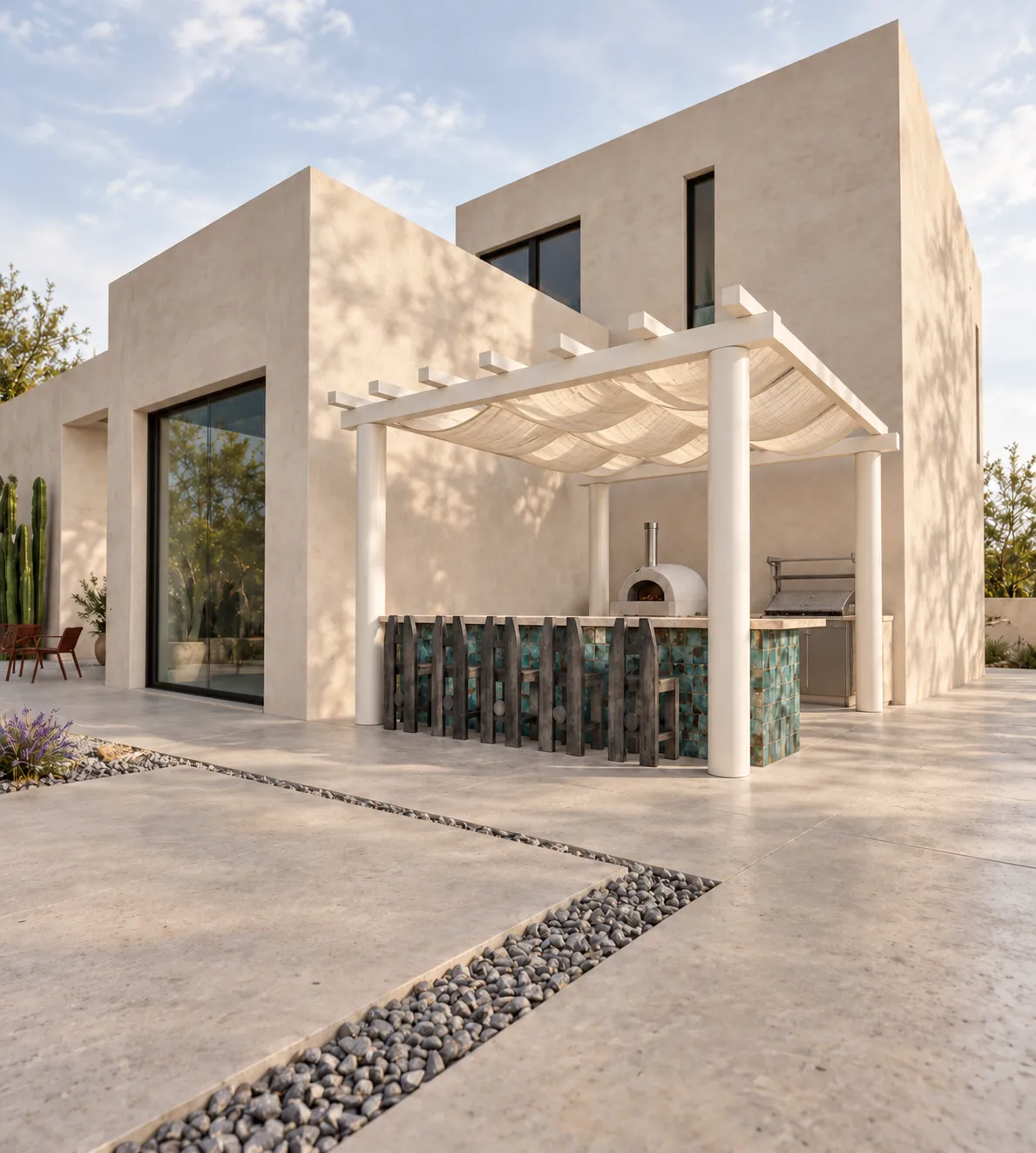 Outdoor kitchen under a draped ivory linen pergola canopy, with a tiled bar and pizza oven