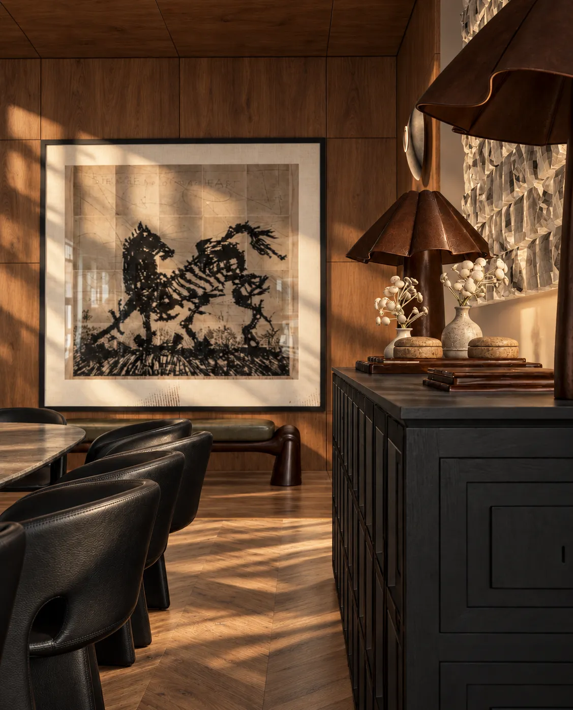 Warm golden light across a luxury dining room with a long table and dark chairs