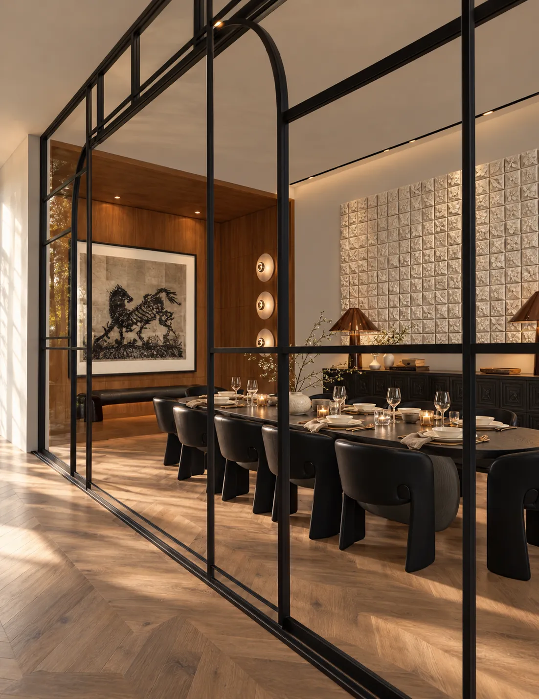 Refined dining room with a botanical tile artwork and warm wood panelling