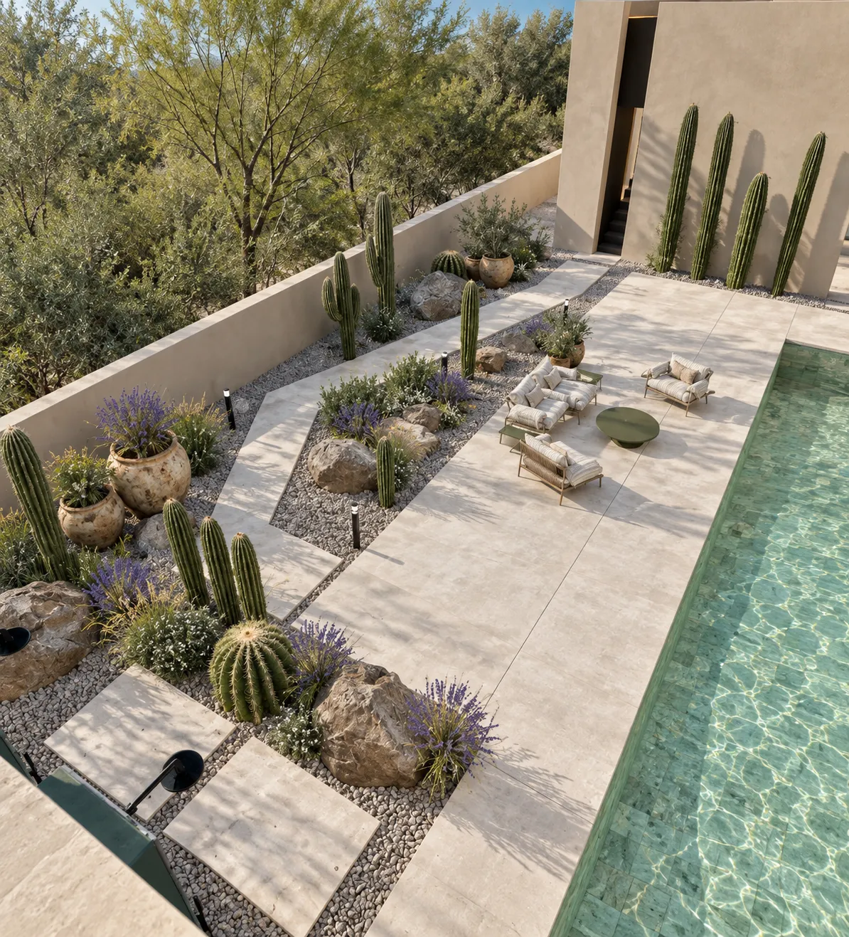 Sunlit desert courtyard with cacti, lavender, boulders and a mint-green pool beside limestone terraces