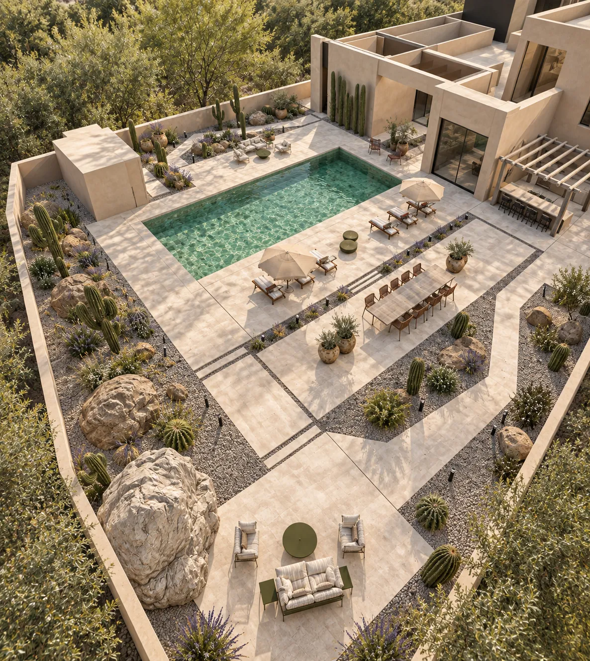 Aerial view of the villa with its green pool, limestone terraces, cacti and desert garden
