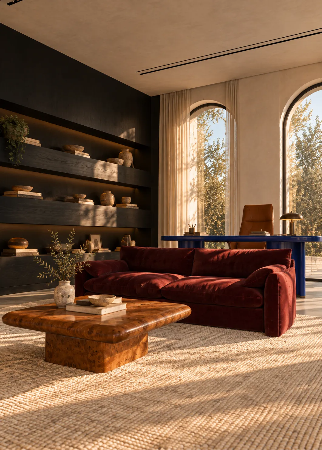 Sunlit lounge corner with arched windows and a burgundy armchair