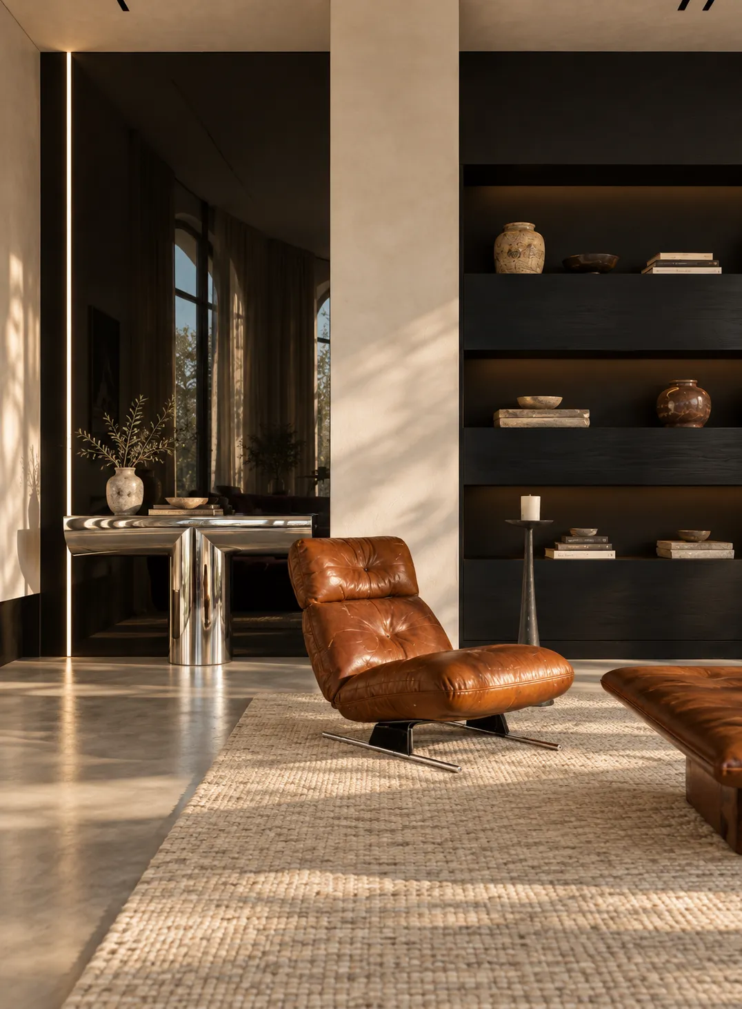 Chrome console table beside a cognac leather lounge chair