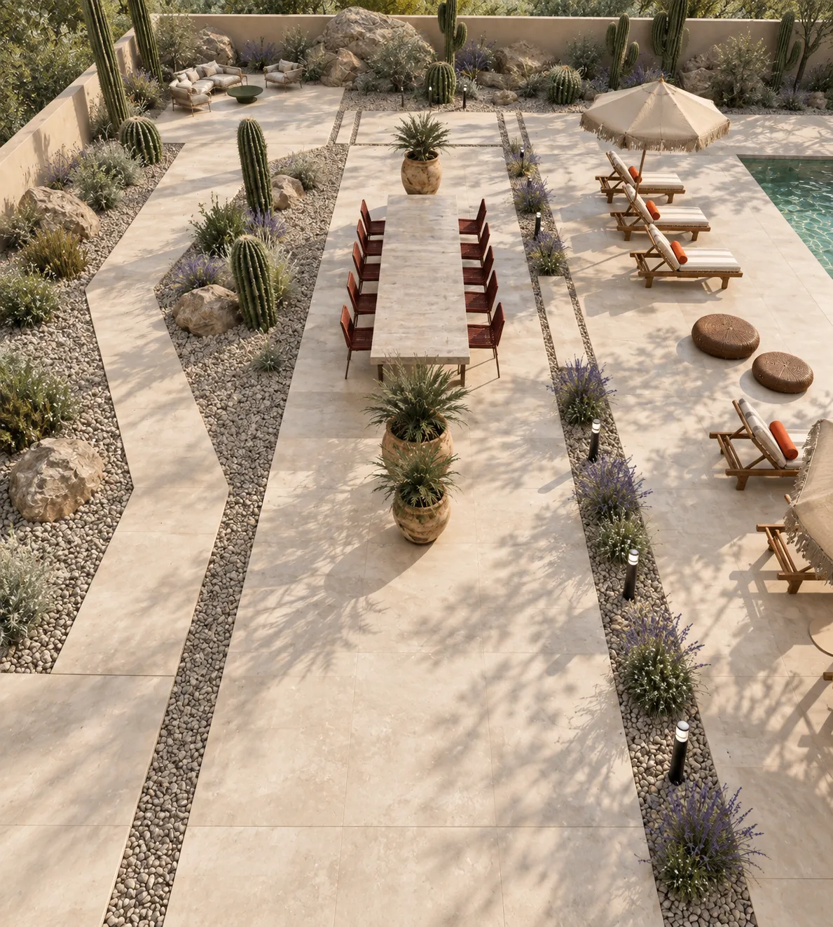 Overhead view of the shaded terrace with a long stone dining table, loungers and gravel garden beds