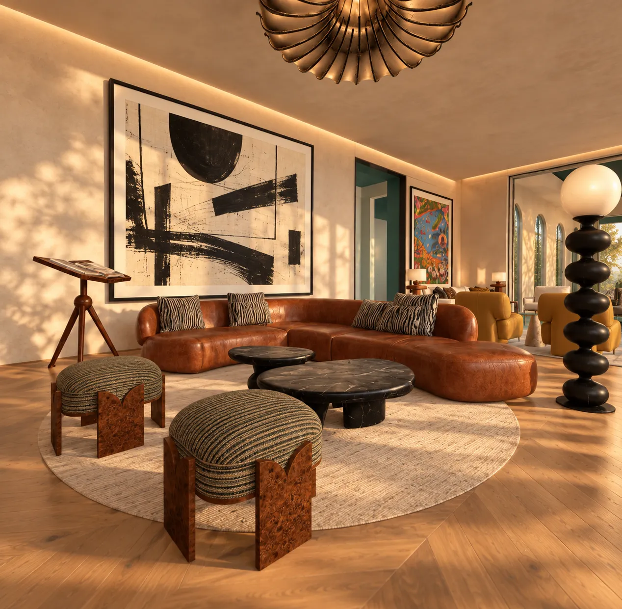 Cognac leather sectional with burl-wood stools and a black marble coffee table