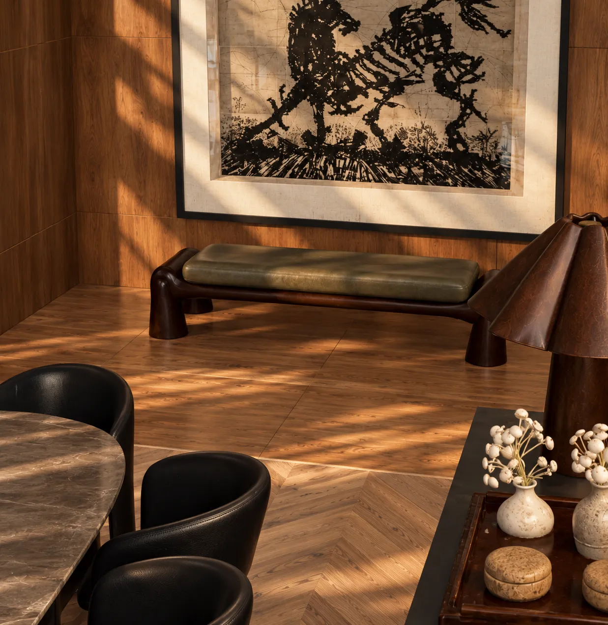 Sunlit dining room with a horse artwork above a sculpted sideboard