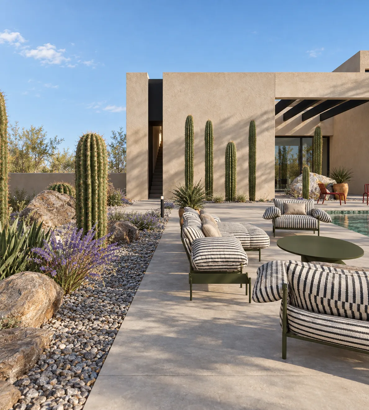 Striped outdoor lounge seats and a green table beside the pool, framed by cacti and boulders