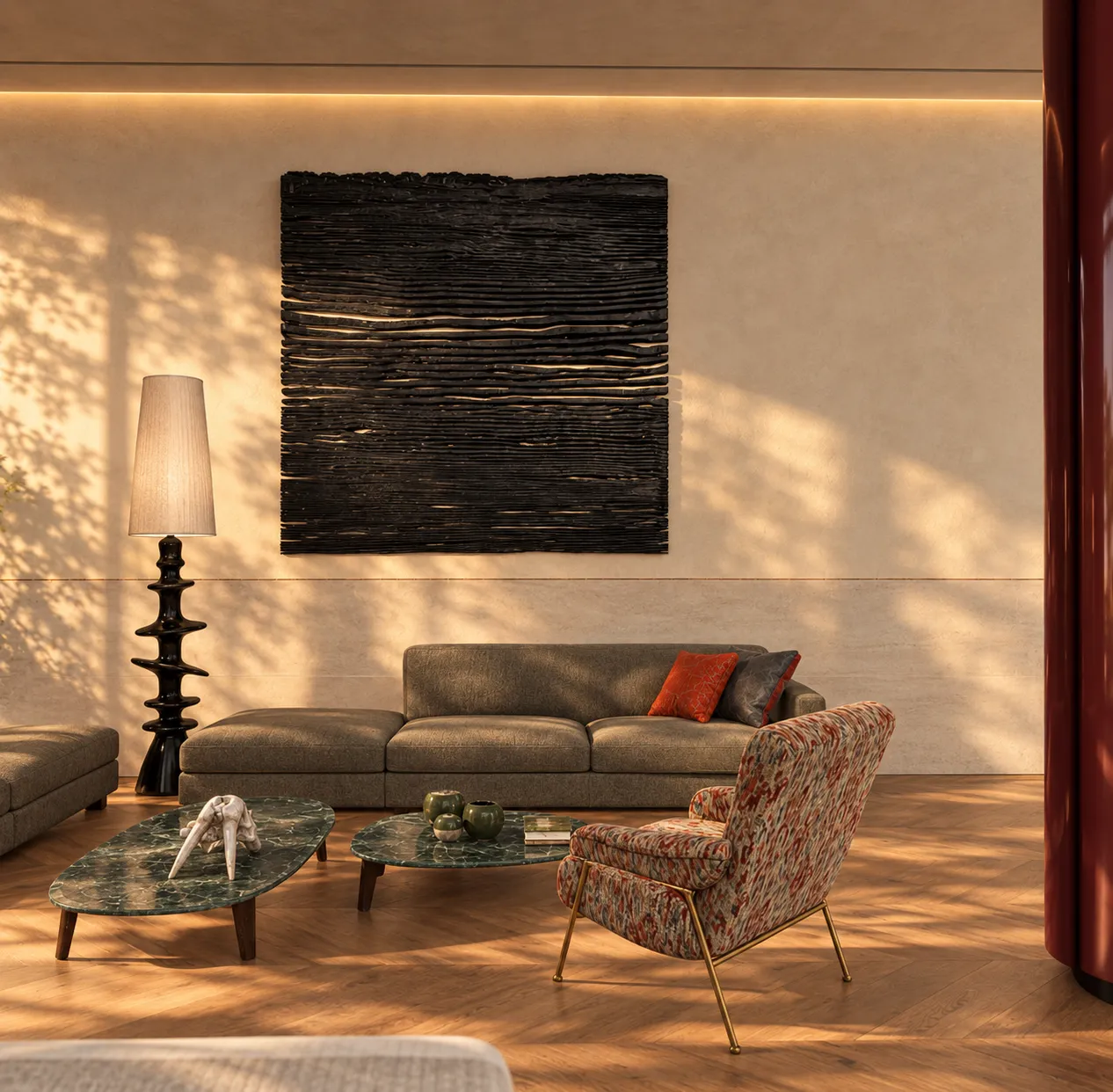 A quiet corner with a carved black artwork, grey sofa and patterned ikat lounge chair