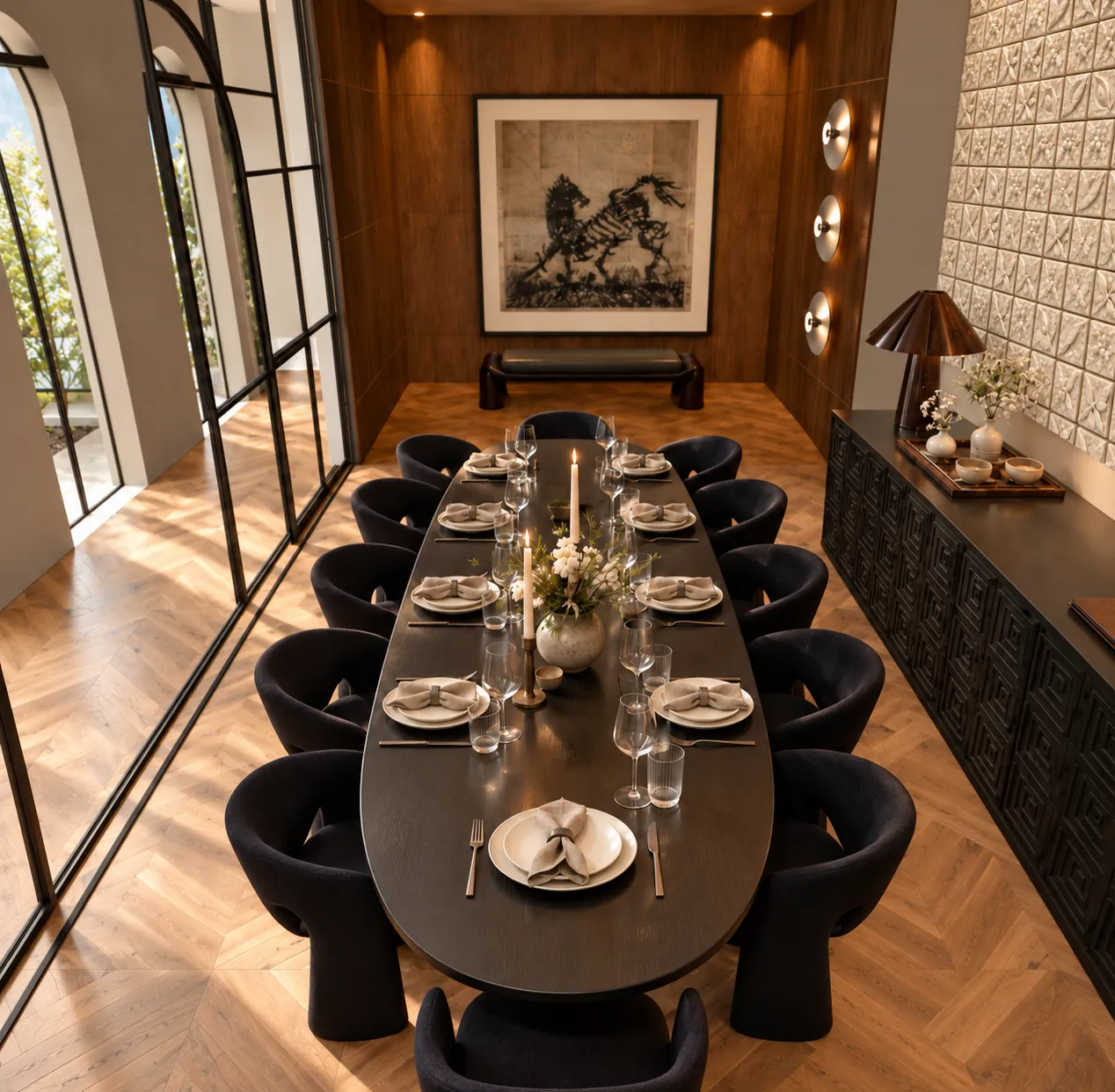 Sunlit dining room with a long table, dark chairs and a textured ivory relief wall