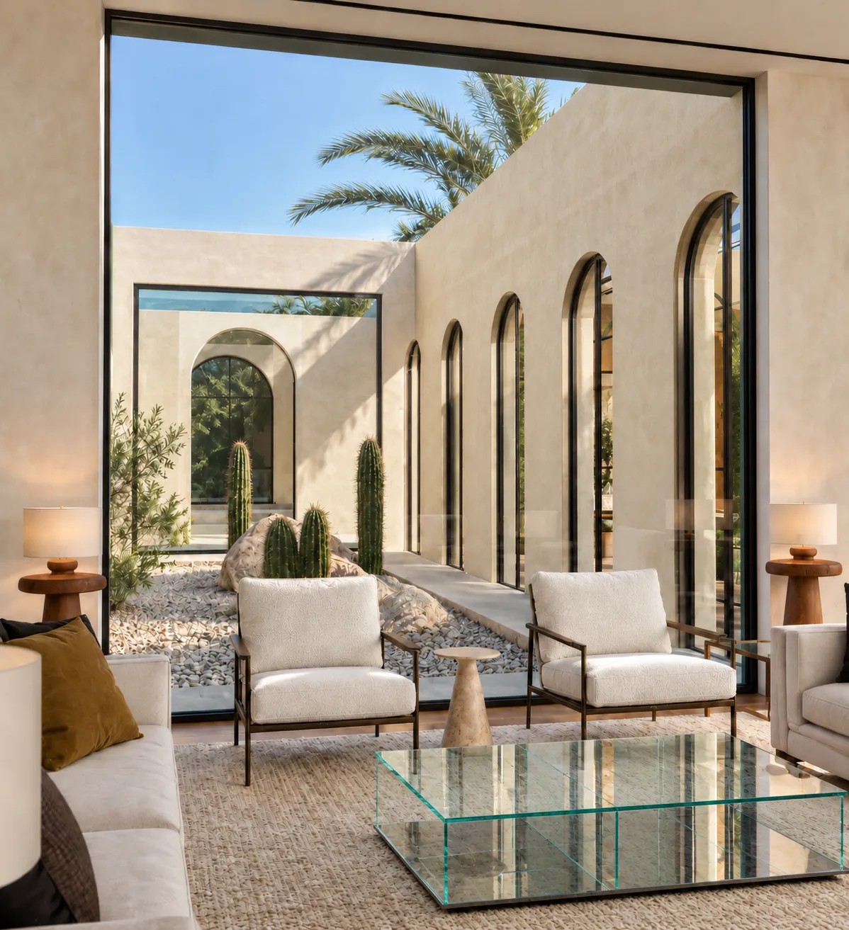 Pair of ivory armchairs and a glass coffee table facing the arched courtyard with cacti and palm trees