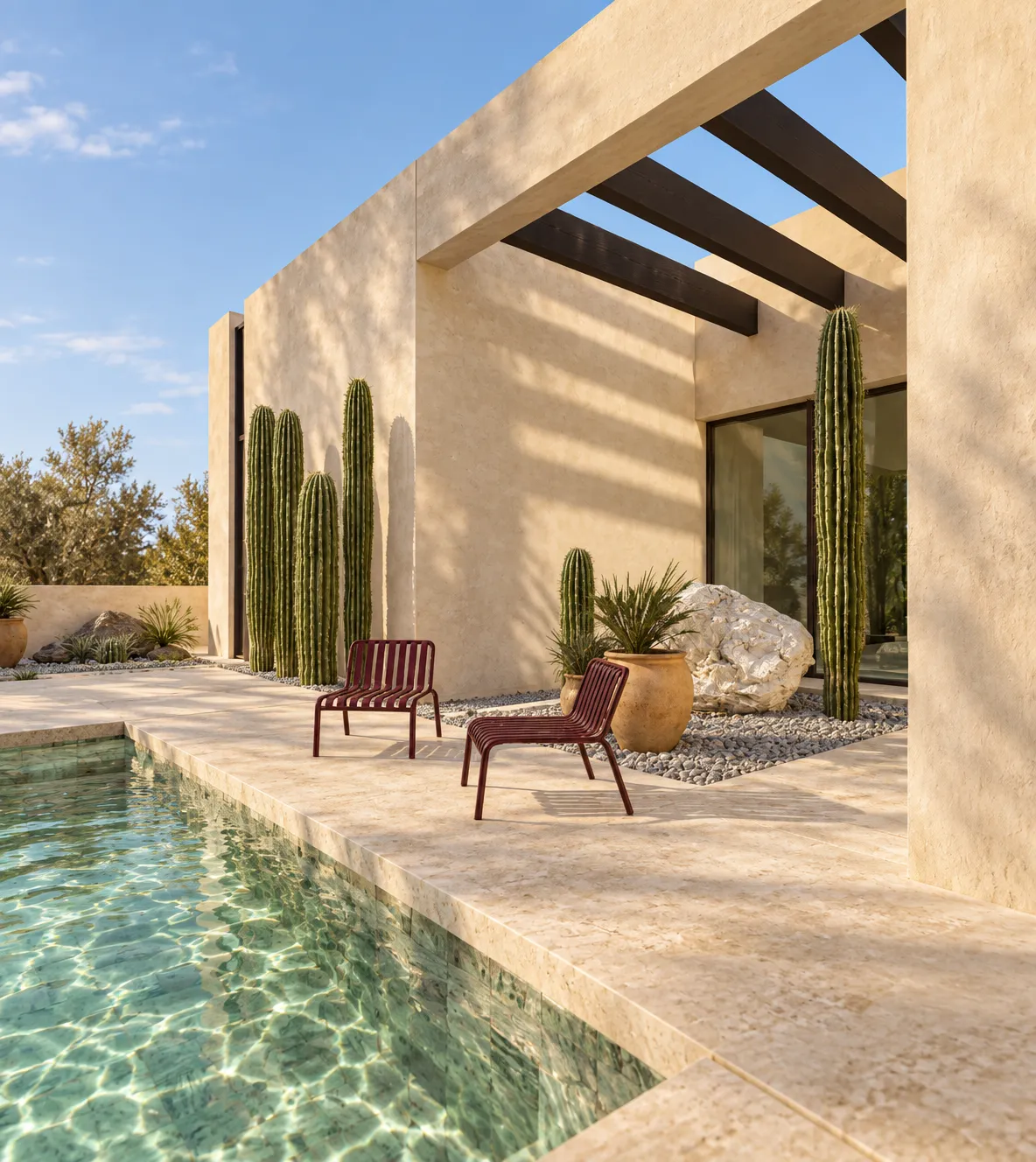 Burgundy lounge chairs at the pool edge beside a limestone wall and desert planting